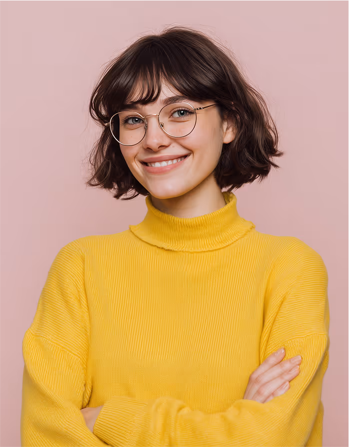 A casually dressed woman smiling, representing approachable talent and a friendly recruitment experience.